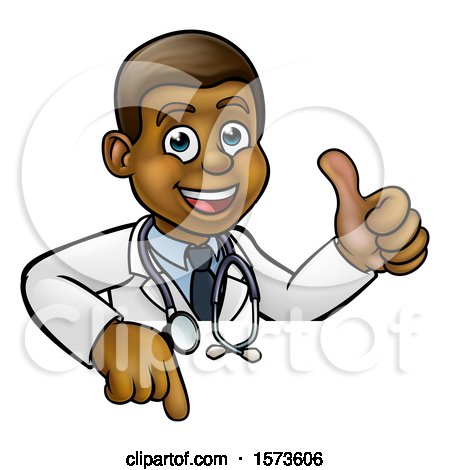Clipart of a Cartoon Friendly Black Male Doctor Giving a Thumb up over a Sign - Royalty Free Vector Illustration by AtStockIllustration