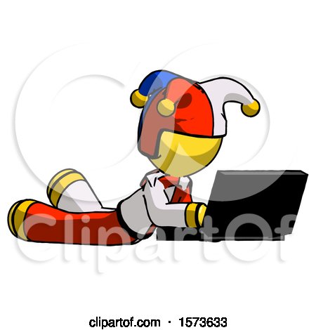 Yellow Jester Joker Man Using Laptop Computer While Lying on Floor Side Angled View by Leo Blanchette