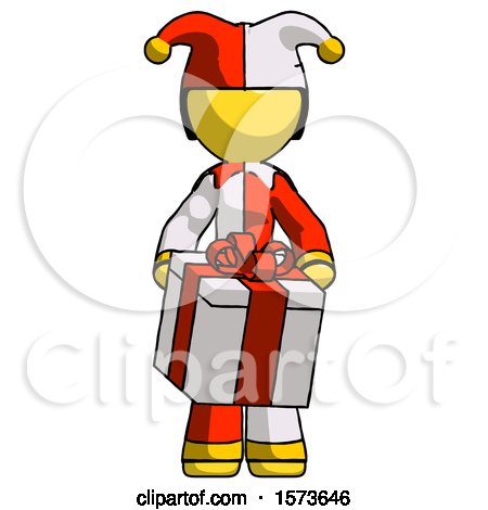 Yellow Jester Joker Man Gifting Present with Large Bow Front View by Leo Blanchette