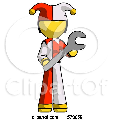 Yellow Jester Joker Man Holding Large Wrench with Both Hands by Leo Blanchette
