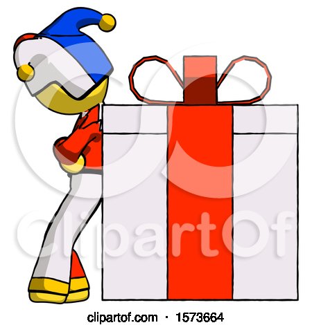 Yellow Jester Joker Man Gift Concept - Leaning Against Large Present by Leo Blanchette