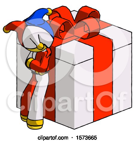 Yellow Jester Joker Man Leaning on Gift with Red Bow Angle View by Leo Blanchette