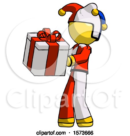 Yellow Jester Joker Man Presenting a Present with Large Red Bow on It by Leo Blanchette