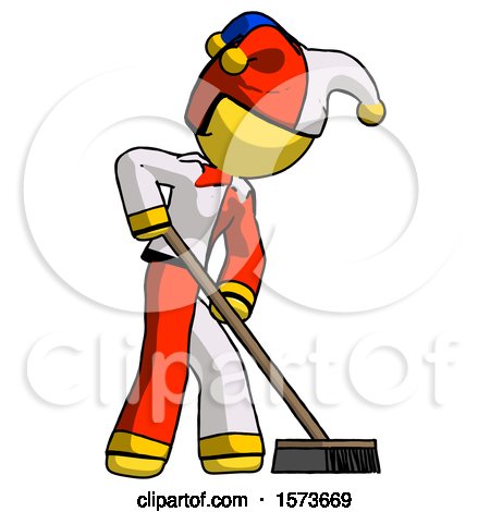 Yellow Jester Joker Man Cleaning Services Janitor Sweeping Side View by Leo Blanchette