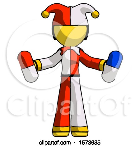 Yellow Jester Joker Man Holding a Red Pill and Blue Pill by Leo Blanchette