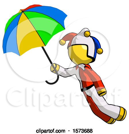 Yellow Jester Joker Man Flying with Rainbow Colored Umbrella by Leo Blanchette