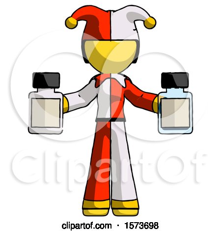 Yellow Jester Joker Man Holding Two Medicine Bottles by Leo Blanchette