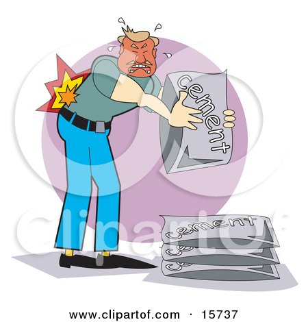 Male Construction Worker In Terrible Pain After Hurting His Back While Lifting Bags Of Cement Clipart Illustration by Andy Nortnik
