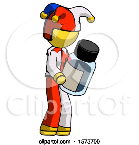 Yellow Jester Joker Man Holding Glass Medicine Bottle by Leo Blanchette