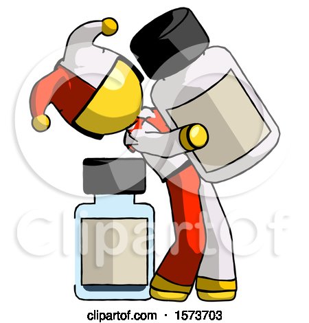 Yellow Jester Joker Man Holding Large White Medicine Bottle with Bottle in Background by Leo Blanchette