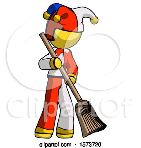 Yellow Jester Joker Man Sweeping Area with Broom by Leo Blanchette