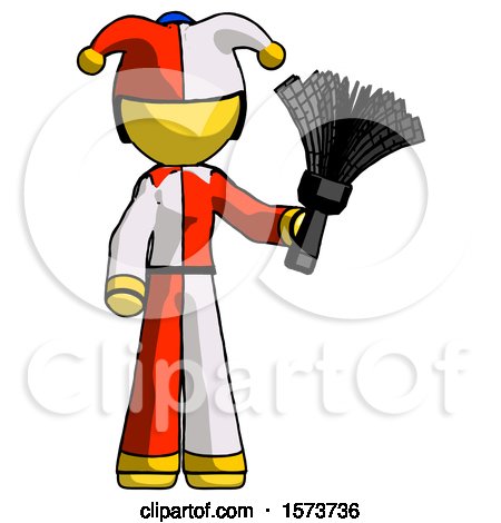 Yellow Jester Joker Man Holding Feather Duster Facing Forward by Leo Blanchette