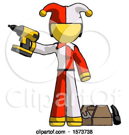 Yellow Jester Joker Man Holding Drill Ready to Work, Toolchest and Tools to Right by Leo Blanchette