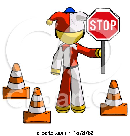 Yellow Jester Joker Man Holding Stop Sign by Traffic Cones Under Construction Concept by Leo Blanchette