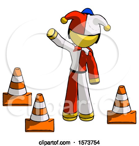 Yellow Jester Joker Man Standing by Traffic Cones Waving by Leo Blanchette