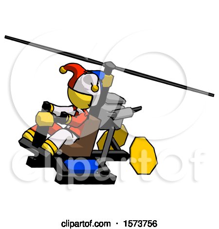 Yellow Jester Joker Man Flying in Gyrocopter Front Side Angle Top View by Leo Blanchette