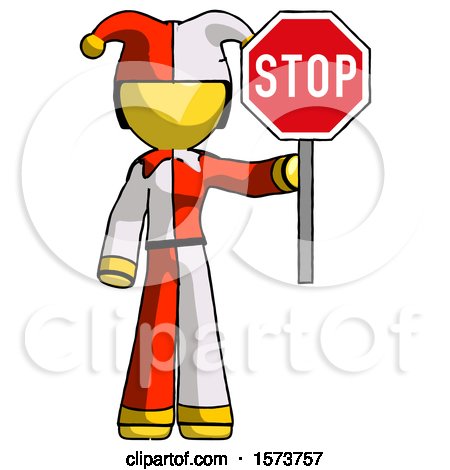 Yellow Jester Joker Man Holding Stop Sign by Leo Blanchette