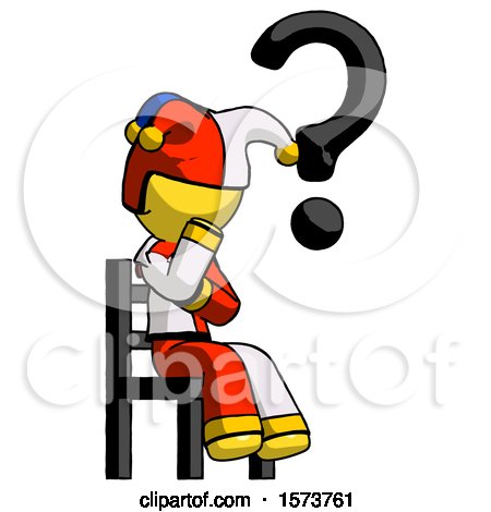 Yellow Jester Joker Man Question Mark Concept, Sitting on Chair Thinking by Leo Blanchette