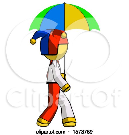 Yellow Jester Joker Man Walking with Colored Umbrella by Leo Blanchette
