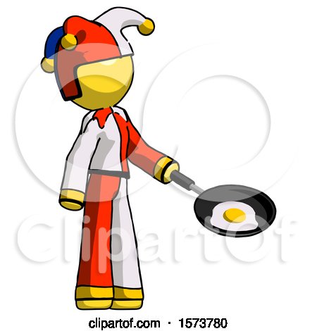 Yellow Jester Joker Man Frying Egg in Pan or Wok Facing Right by Leo Blanchette
