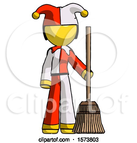 Yellow Jester Joker Man Standing with Broom Cleaning Services by Leo Blanchette