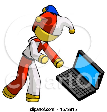 Yellow Jester Joker Man Throwing Laptop Computer in Frustration by Leo Blanchette
