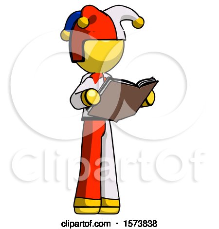Yellow Jester Joker Man Reading Book While Standing up Facing Away by Leo Blanchette