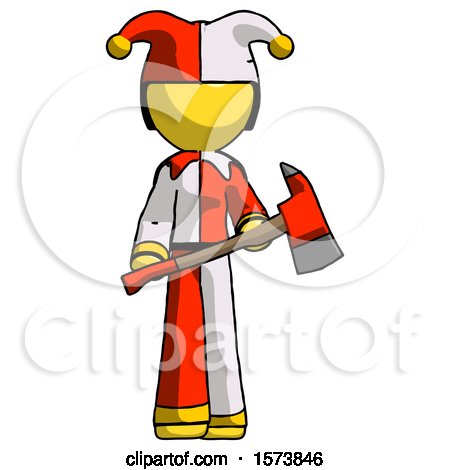 Yellow Jester Joker Man Holding Red Fire Fighter's Ax by Leo Blanchette