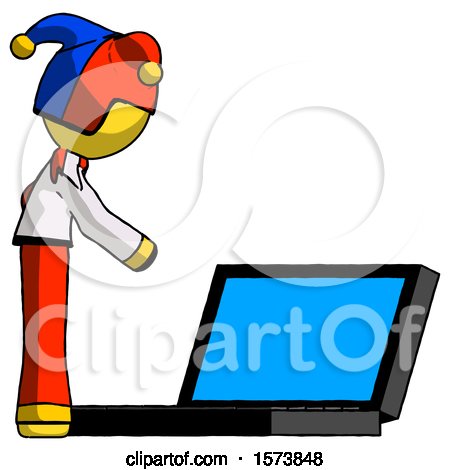 Yellow Jester Joker Man Using Large Laptop Computer Side Orthographic View by Leo Blanchette