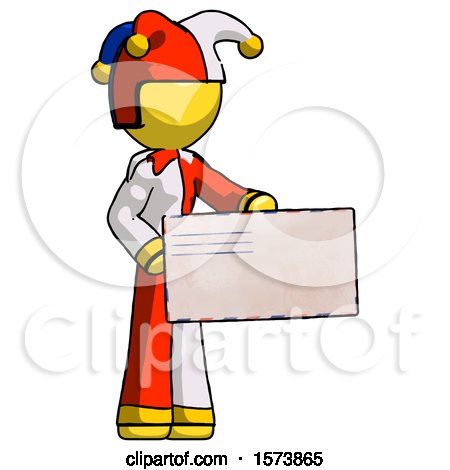 Yellow Jester Joker Man Presenting Large Envelope by Leo Blanchette