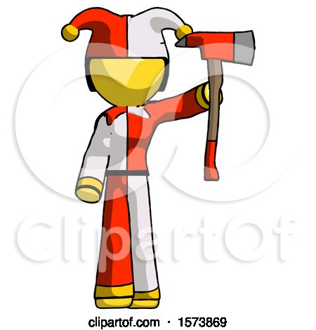 Yellow Jester Joker Man Holding up Red Firefighter's Ax by Leo Blanchette