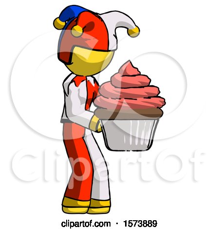 Yellow Jester Joker Man Holding Large Cupcake Ready to Eat or Serve by Leo Blanchette