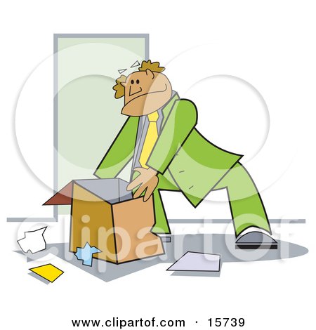 Businessman In Green, Packing A Box With Paperwork Clipart Illustration by Andy Nortnik