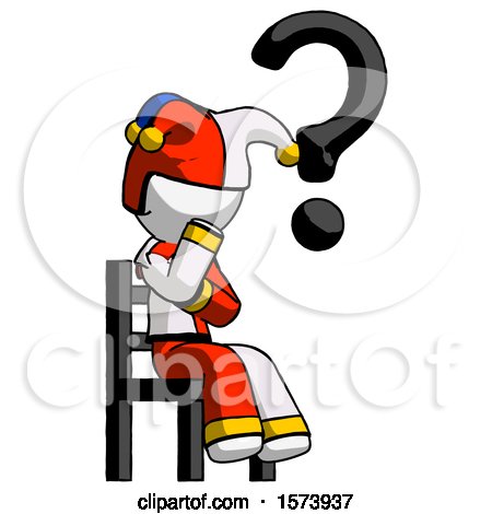 White Jester Joker Man Question Mark Concept, Sitting on Chair Thinking by Leo Blanchette