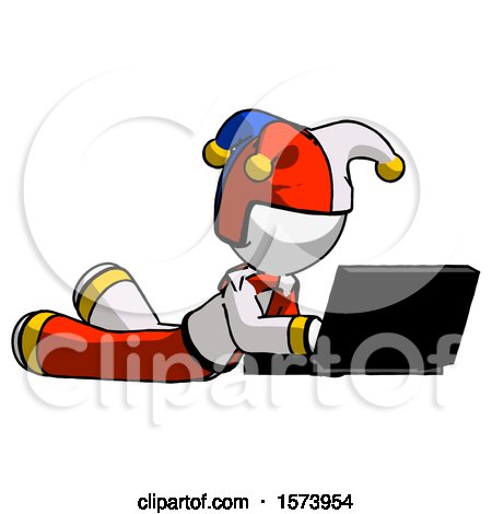 White Jester Joker Man Using Laptop Computer While Lying on Floor Side Angled View by Leo Blanchette