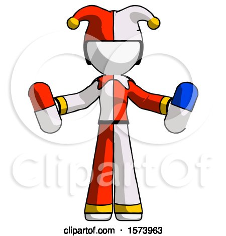 White Jester Joker Man Holding a Red Pill and Blue Pill by Leo Blanchette