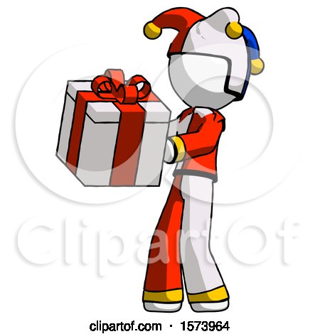 White Jester Joker Man Presenting a Present with Large Red Bow on It by Leo Blanchette