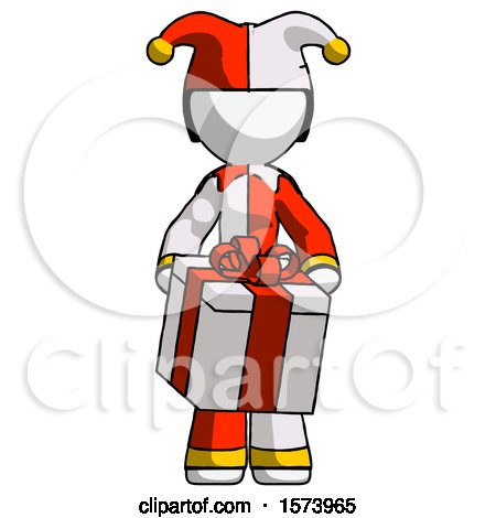 White Jester Joker Man Gifting Present with Large Bow Front View by Leo Blanchette