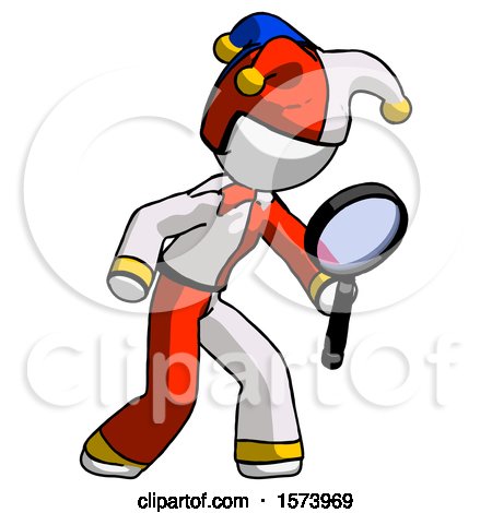 White Jester Joker Man Inspecting with Large Magnifying Glass Right by Leo Blanchette