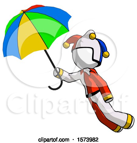White Jester Joker Man Flying with Rainbow Colored Umbrella by Leo Blanchette