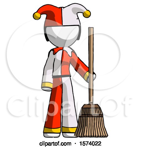 White Jester Joker Man Standing with Broom Cleaning Services by Leo Blanchette