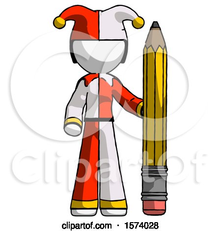 White Jester Joker Man with Large Pencil Standing Ready to Write by Leo Blanchette