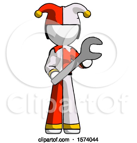 White Jester Joker Man Holding Large Wrench with Both Hands by Leo Blanchette