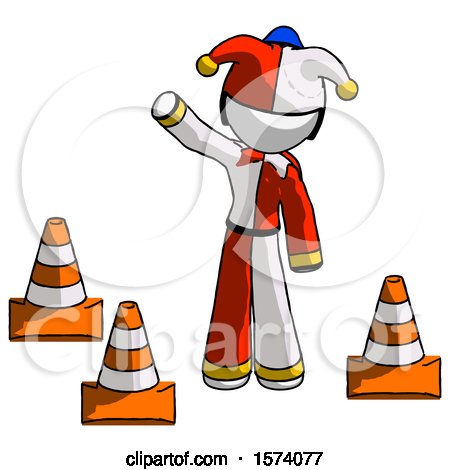 White Jester Joker Man Standing by Traffic Cones Waving by Leo Blanchette