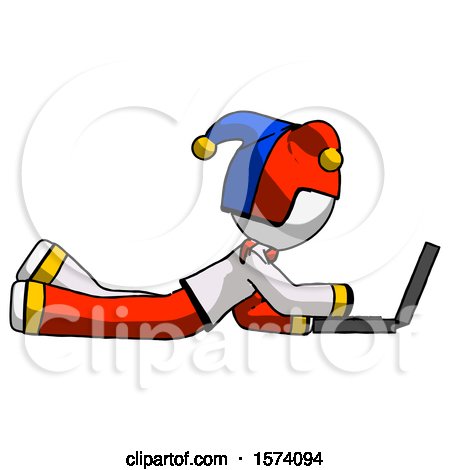 White Jester Joker Man Using Laptop Computer While Lying on Floor Side View by Leo Blanchette