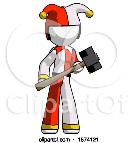 White Jester Joker Man with Sledgehammer Standing Ready to Work or Defend by Leo Blanchette