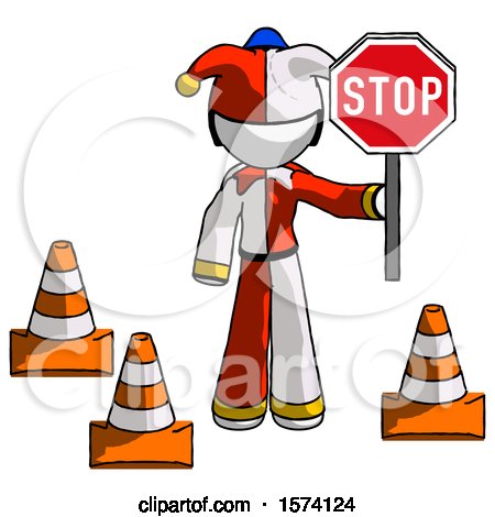 White Jester Joker Man Holding Stop Sign by Traffic Cones Under Construction Concept by Leo Blanchette