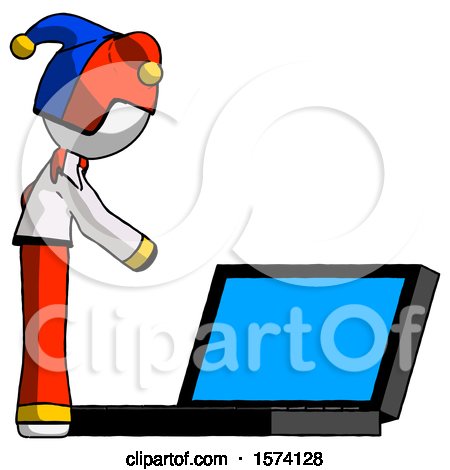 White Jester Joker Man Using Large Laptop Computer Side Orthographic View by Leo Blanchette