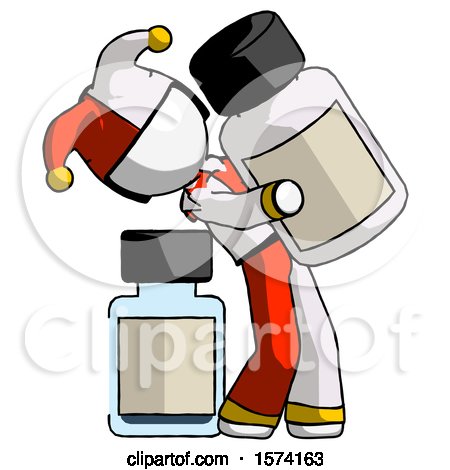 White Jester Joker Man Holding Large White Medicine Bottle with Bottle in Background by Leo Blanchette