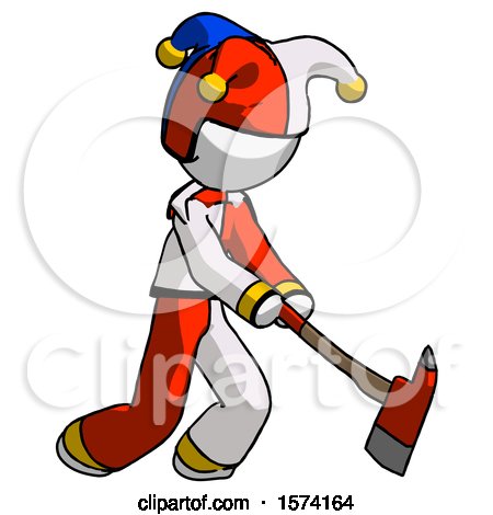 White Jester Joker Man Striking with a Red Firefighter's Ax by Leo Blanchette